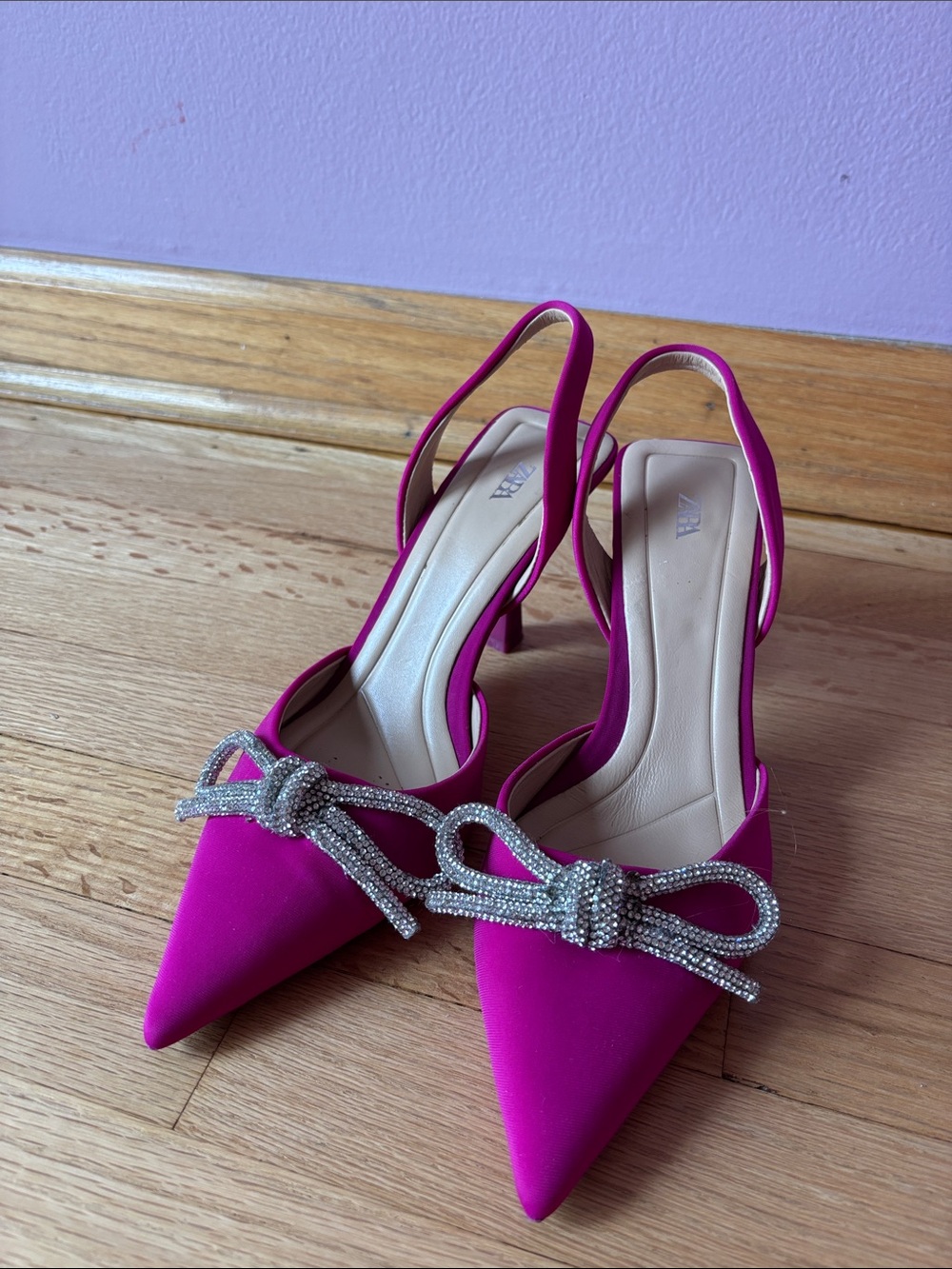 Zara Pointed Slingback Heels in Fuchsia with Crystal Bow